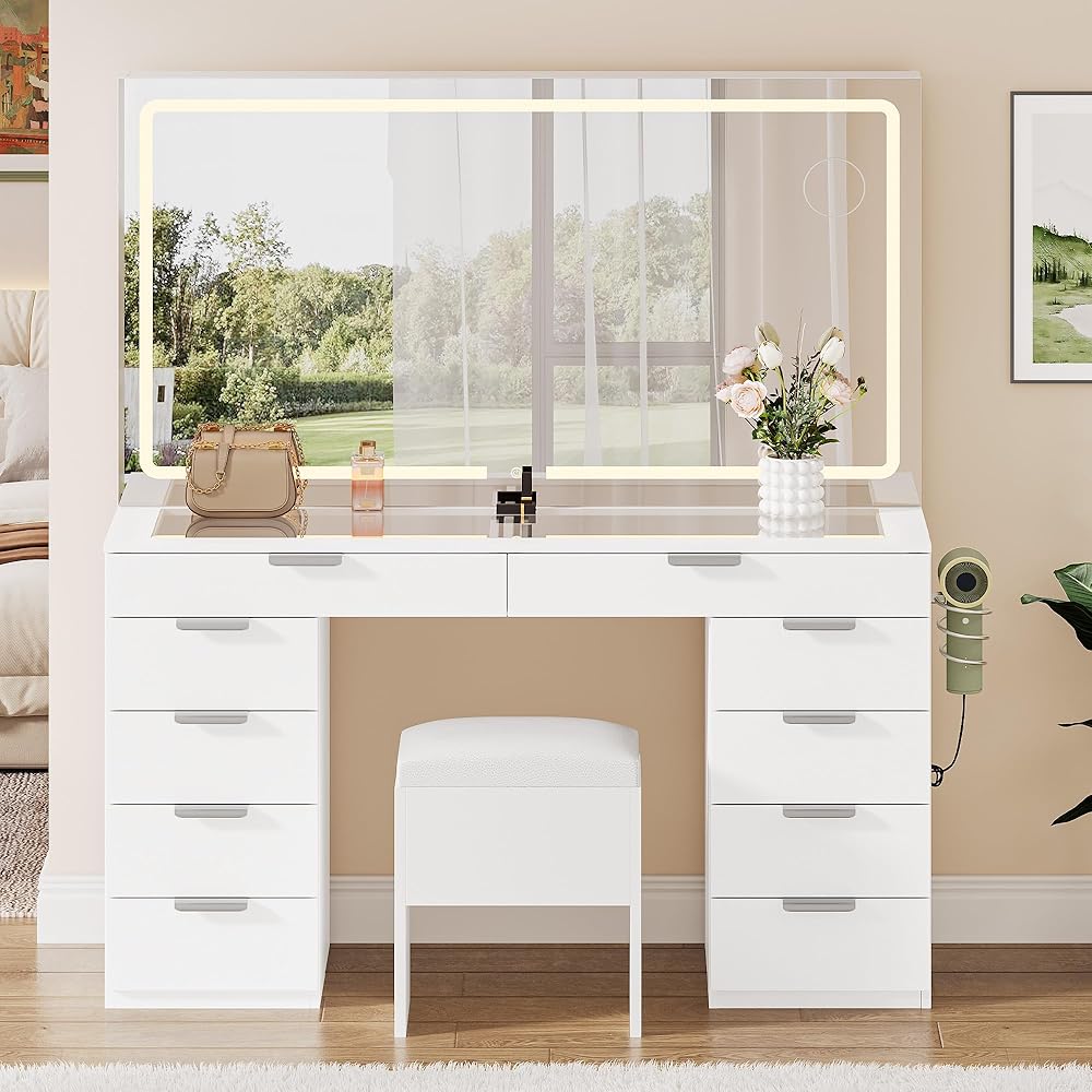 YITAHOME Vanity Set, Makeup Vanity Desk with Adjustable LED Mirror, Power Outlets, 10 Drawers, Magnifying Glass, Tempered Glass Top, Hairdryer Holder, Stool for Bathroom, Makeup Room : Home & Kitchen