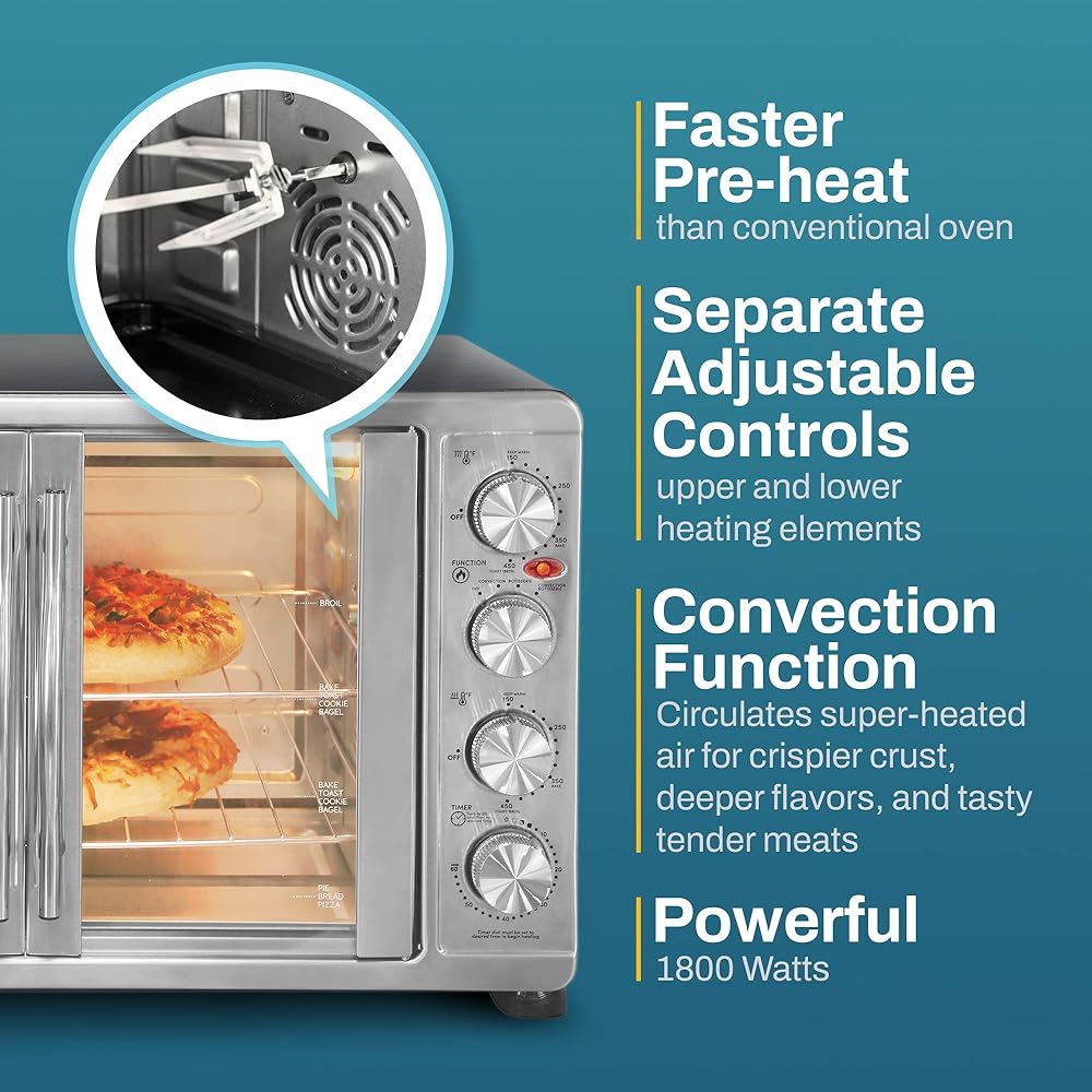 Elite Gourmet ETO-4510M French Door 47.5Qt, 18-Slice Convection Oven 4-Control Knobs, Bake Broil Toast Rotisserie Keep Warm, Includes 2 x 12