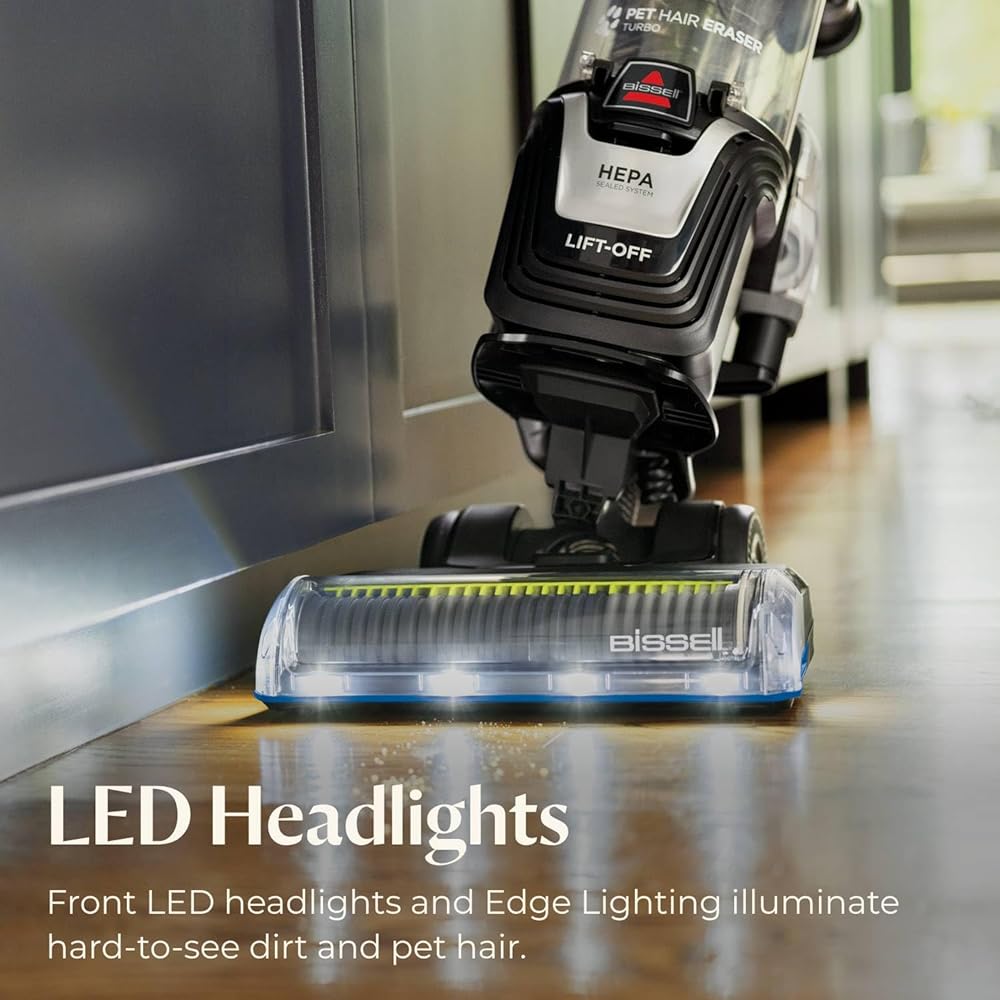 - Bissell Pet Hair Eraser Turbo Lift-Off Vacuum, w/Self-Cleaning Brush Roll, HEPA Filtration, Powerful Pet Hair Pickup with TurboBrush Pivot Tool & LED-lit dusting Brush & Crevice Tool, 3774F