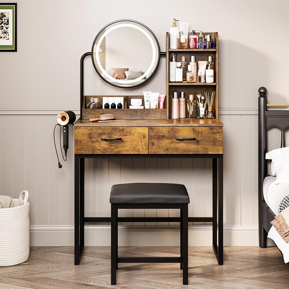 Makeup Vanity Desk with Round Mirror and Lights, White Vanity Makeup Table with 2 Drawers, Small Vanity Table for Bedroom with Lots Storage (Brown and Black, 15.75 * 31.5 * 53.6in) : Home & Kitchen
