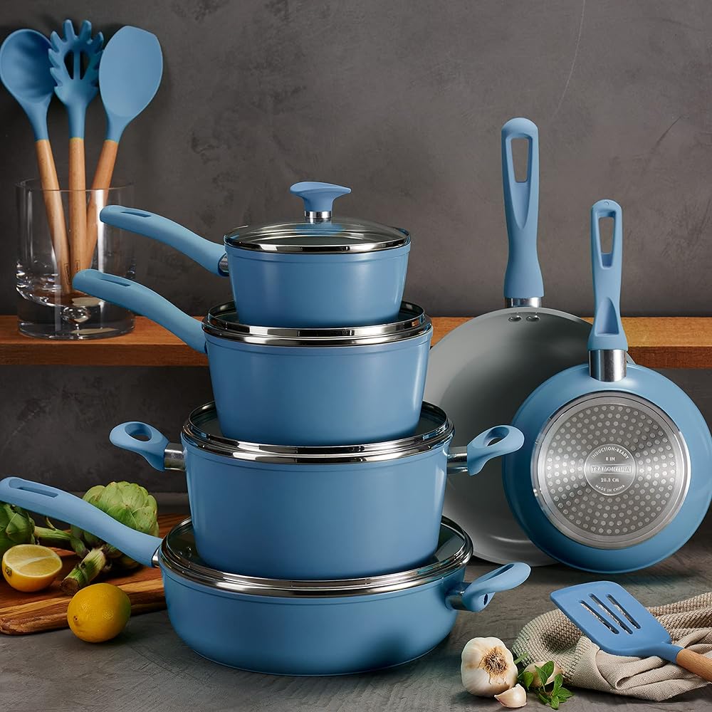 Tramontina Solara 14-Piece Ceramic Non Stick Cookware Set with Lids, Heavy-Gauge Aluminum Pots and Pans Kitchen Set with Nonstick Coating, Dishwasher and Oven Safe (Blue): Home & Kitchen
