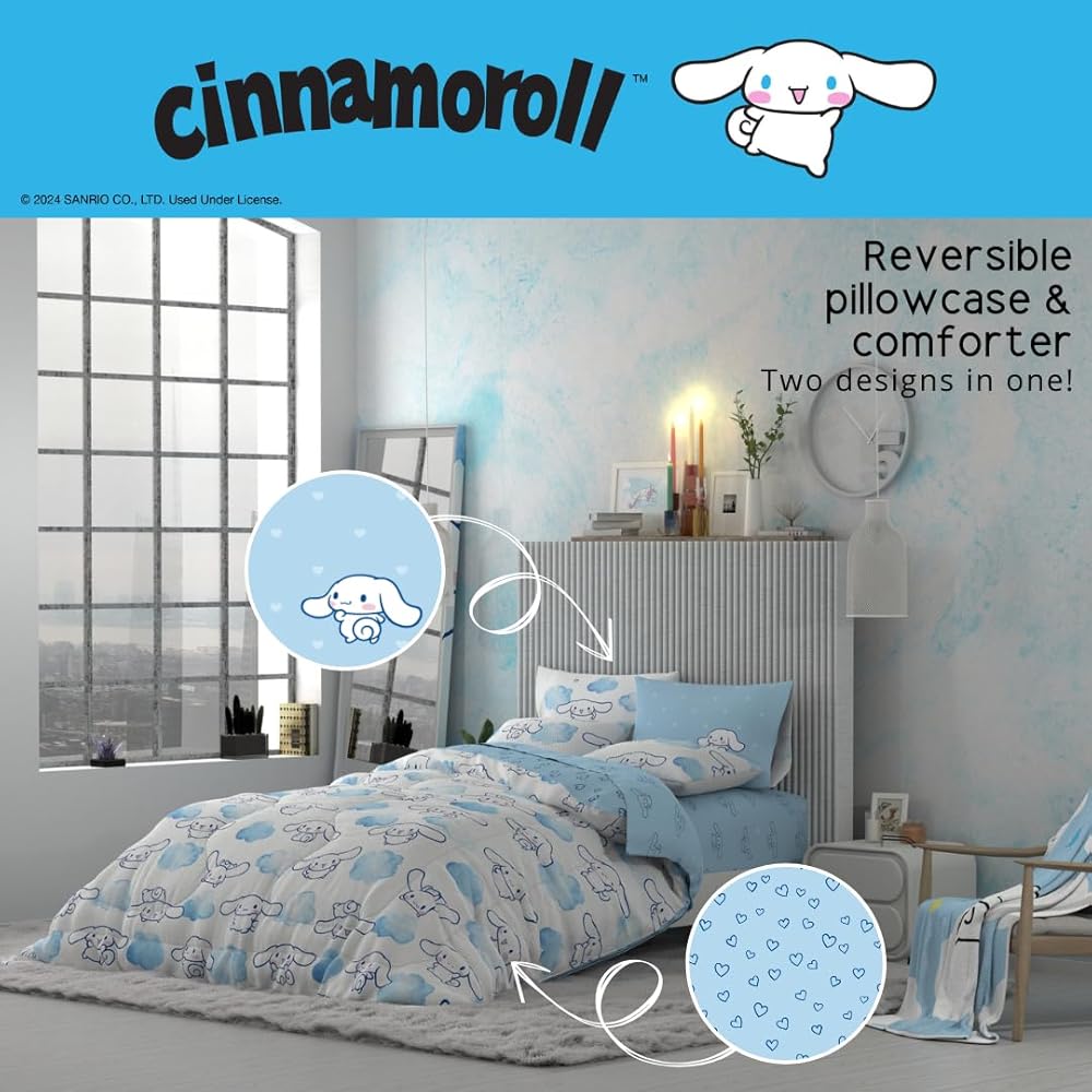Franco Cinnamoroll Bedding 7 Piece Super Soft Cozy Reversible Comforter and Sheet Set with Sham, Queen, (100% Official Licensed Product) : Home & Kitchen