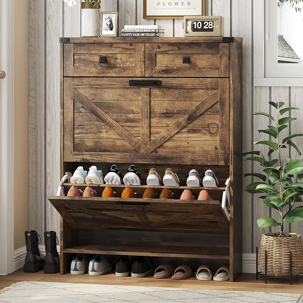 Halitaa Shoe Cabinet with 2 Flip Drawers & 2 Drawers,Farmhouse Shoe Storage Cabinet for Entryway,Slim Freestanding Narrow Organizer Rack for Front Door Entrance,Rustic Brown : Home & Kitchen