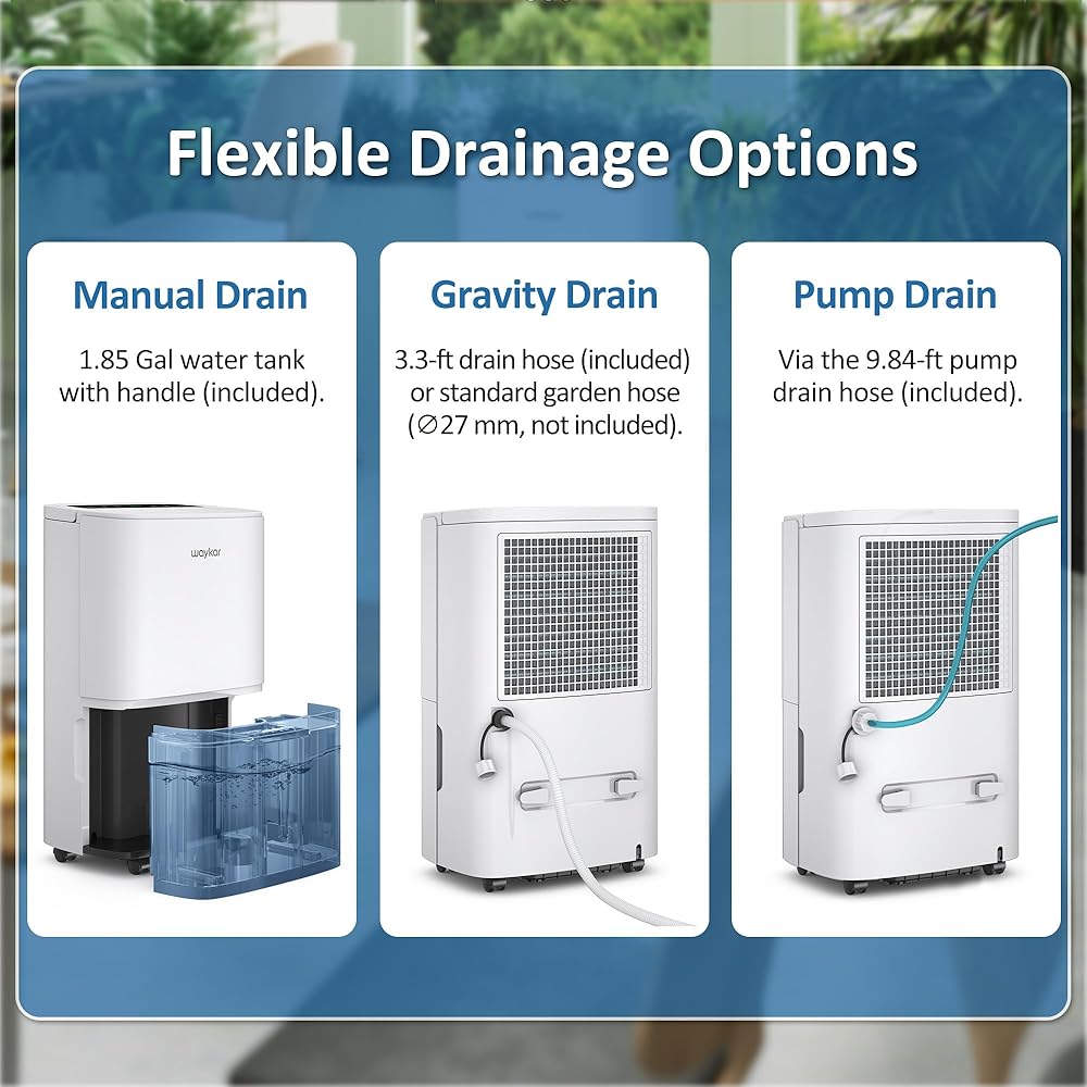 - Waykar 150 Pints Energy Star Dehumidifier with Pump for Spaces up to 7,000 Sq. Ft at Commercial and Industrial Large Room, Warehouse, Home, Basement, Bedroom with Drain Hose, Auto Defrost, Self-Drying