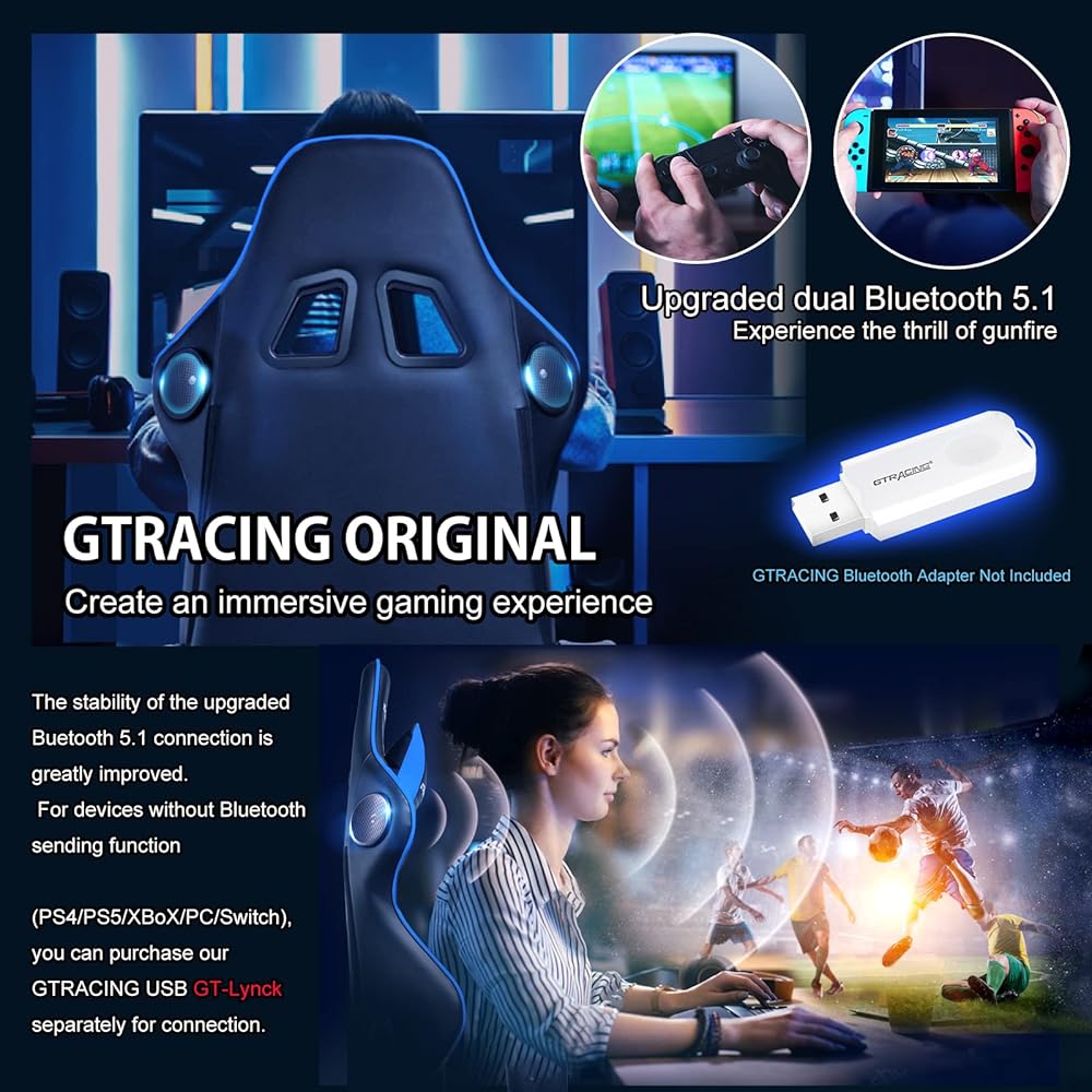 GTRACING Gaming Chair with Speakers Bluetooth Music Video Game Chair Audio Ergonomic Design Heavy Duty Office Computer Desk Chair（Blue） : Home & Kitchen