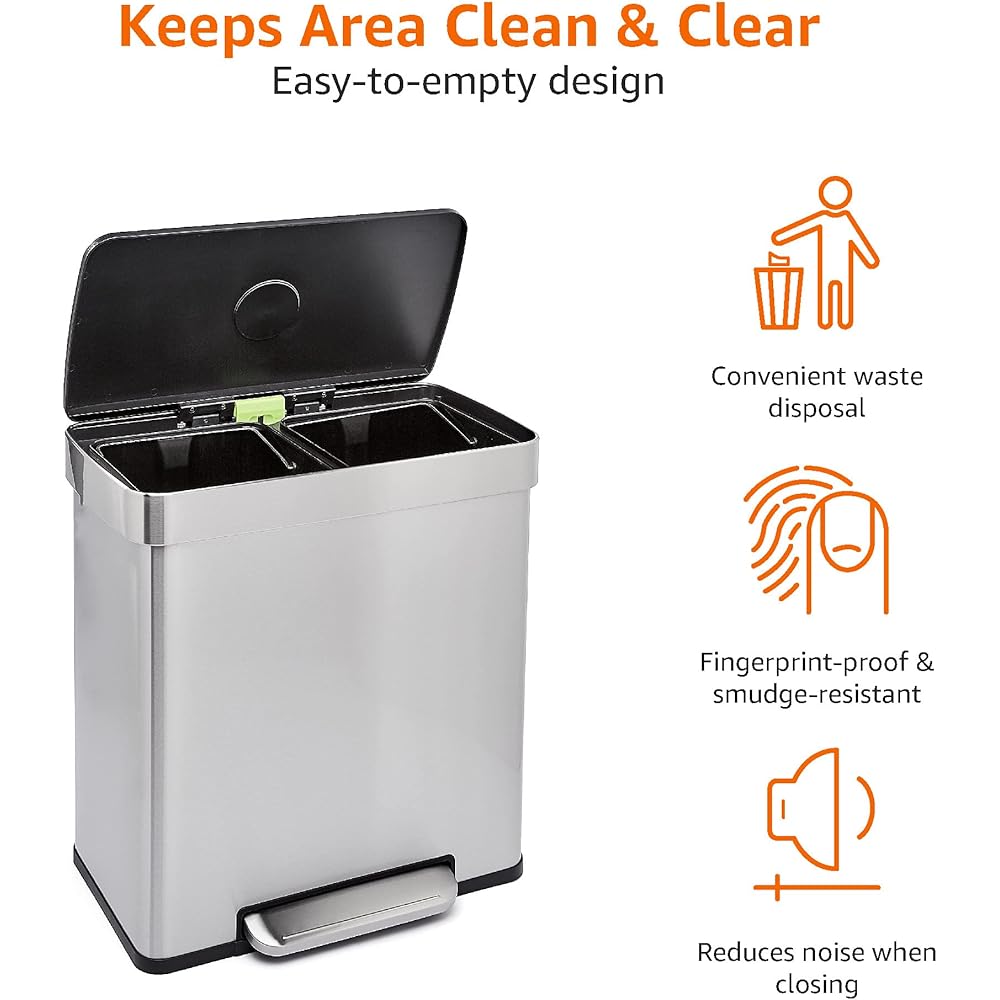 Amazon Basics Dual Compartment Recycling Trash Can with Soft-Close Lid and Removable Liner Buckets, 60 Liters, Rectangular, Grey, Silver : Home & Kitchen