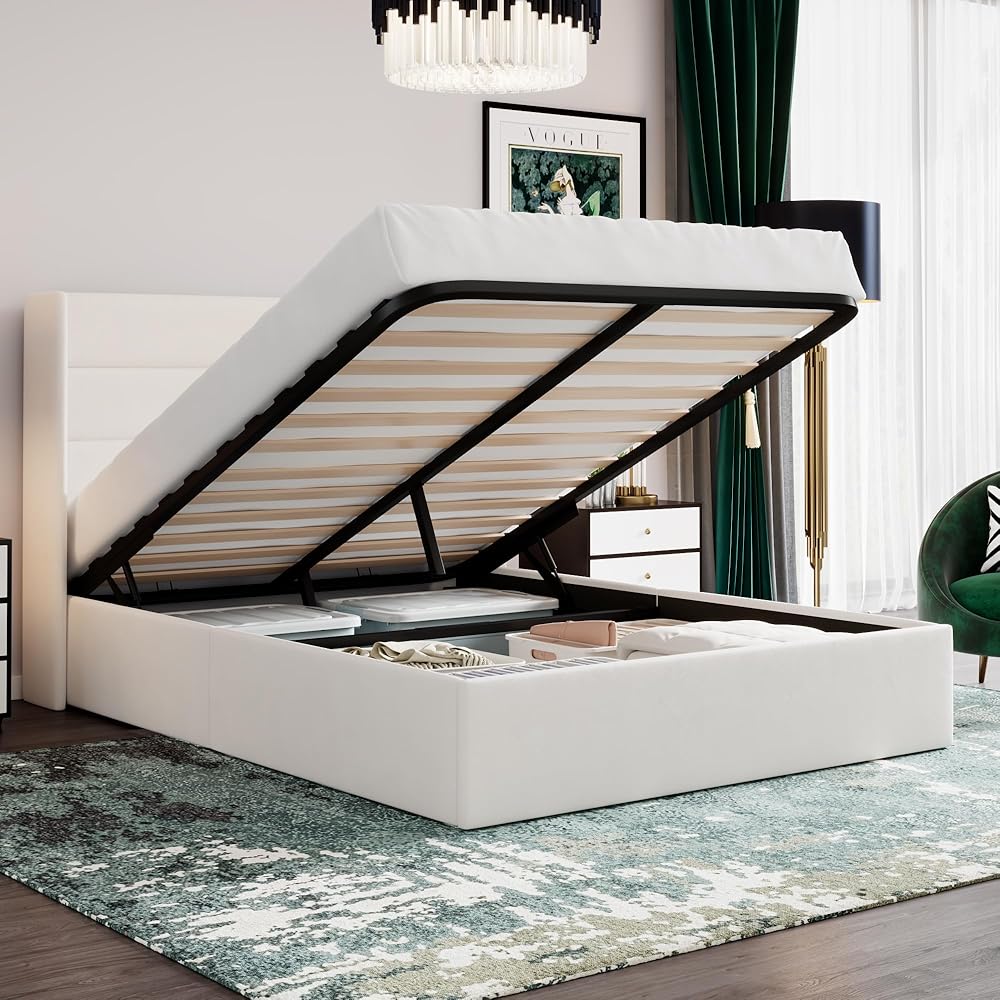 SHA CERLIN Queen Size Lift Up Storage Bed/Velvet Upholstered/Modern Wingback Headboard/Upholstered Platform Bed Frame/Hydraulic Storage/No Box Spring Needed/White : Home & Kitchen