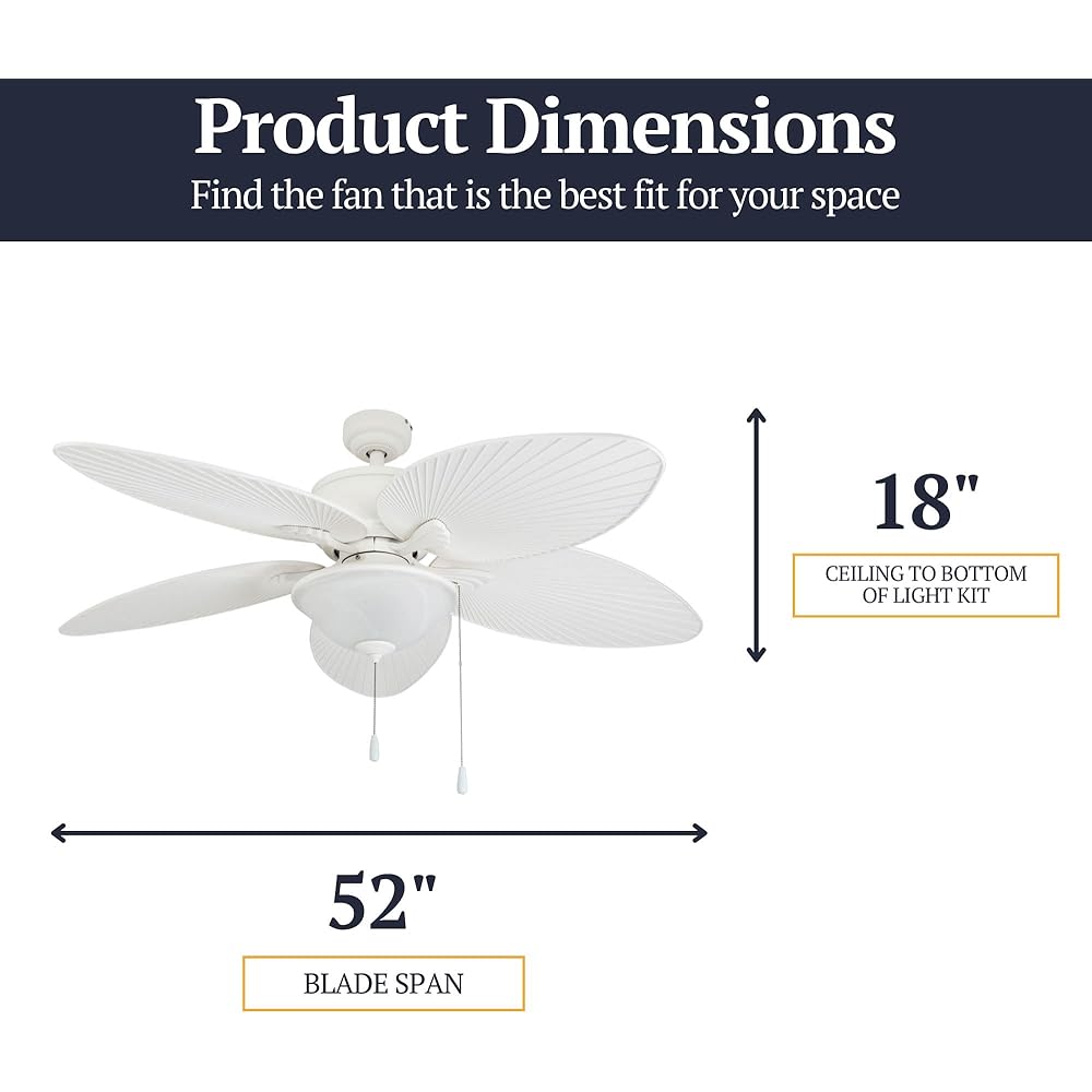 Prominence Home Solana, 52 Inch Tropical Indoor Outdoor Ceiling Fan with Light, Pull Chain, Three Mounting Options, Weather Resistant Palm Leaf Blades - 80018-01 (White) -