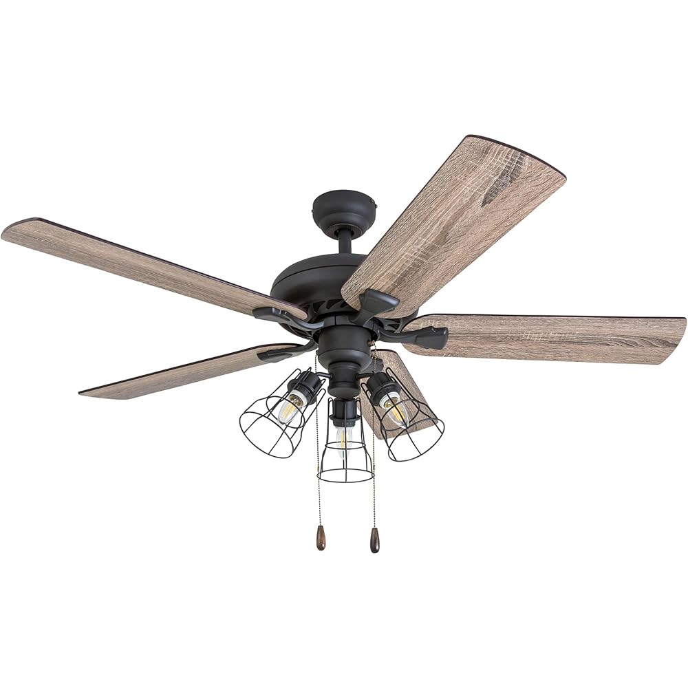 Prominence Home Lincoln Woods, 52 Inch Industrial Style LED Ceiling Fan with Light, Pull Chain, Three Mounting Options, 5 Dual Finish Blades, Reversible Motor - 50581-01 (Bronze) -