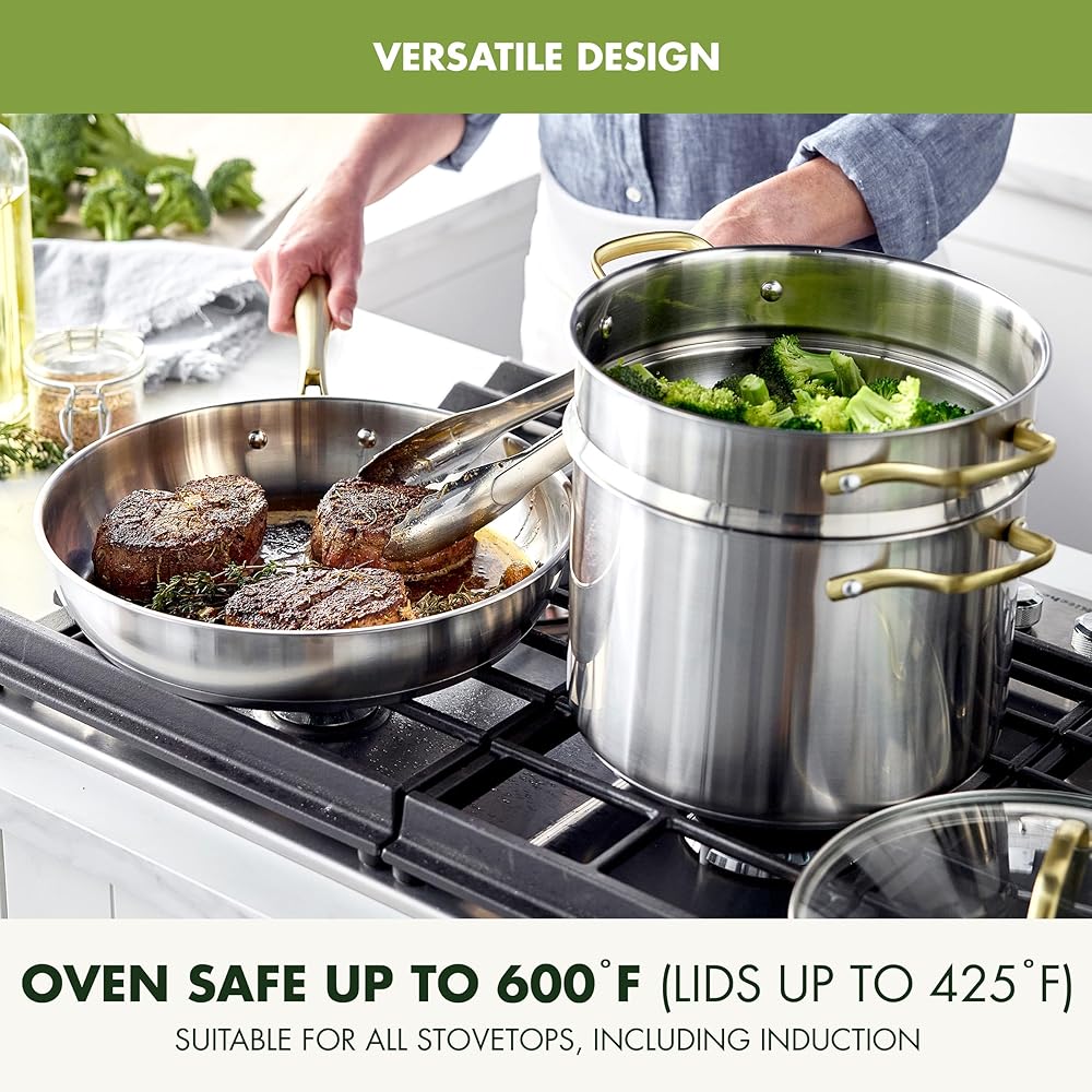 GreenPan 11 Piece Stainless Steel Cookware Set, Induction Ready, Tri-Ply Multiclad Pots & Pans with Lids, Compatible on All Cooktops, Measurement Markings, Dishwasher & Oven Safe, Swift, Gold Handles: Home & Kitchen