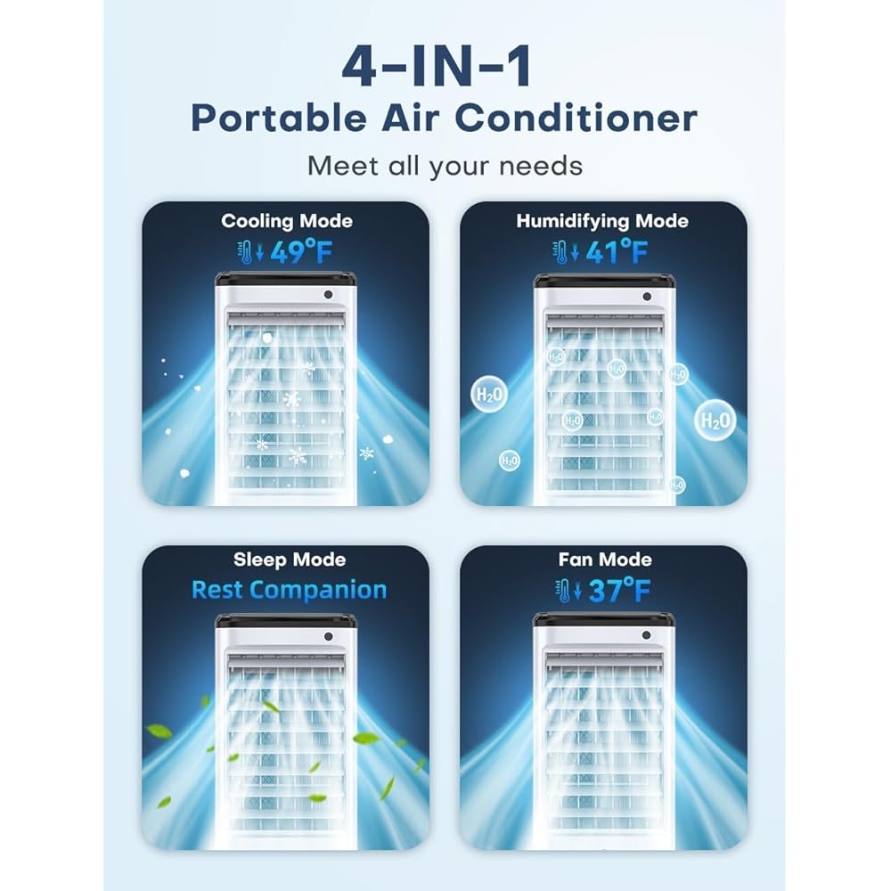 CENSTECH Windowless Air Conditioner with 5 Ice Packs, 3 Modes & 3 Speeds Swamp Cooler Air Conditioner, 12H Timer, 4L Tank for 24H Cooling, Remote, Dual Tank Portable Air Conditioners No Windows Needed : Home & Kitchen