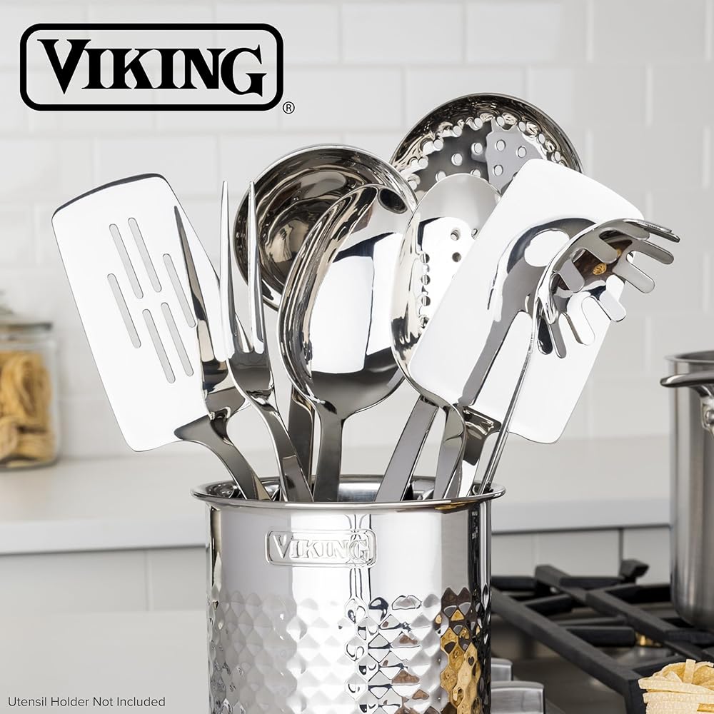Viking Kitchen Utensils Set, 8 Piece Stainless Steel Cooking Utensil Set, Includes Spatulas, Spoons, Pasta Fork, Deep Ladle, Meat Fork, and Skimmer, Silver: Home & Kitchen
