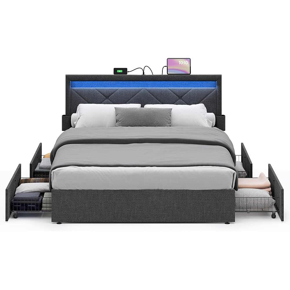 VASAGLE LED Bed Frame Queen Size, Queen Bed with Headboard and 4 Drawers, 1 USB Port and 1 Type C Port, Adjustable Upholstered Headboard 36.7/39.3 Inches, No Box Spring Needed, Dark Gray URMB821G71