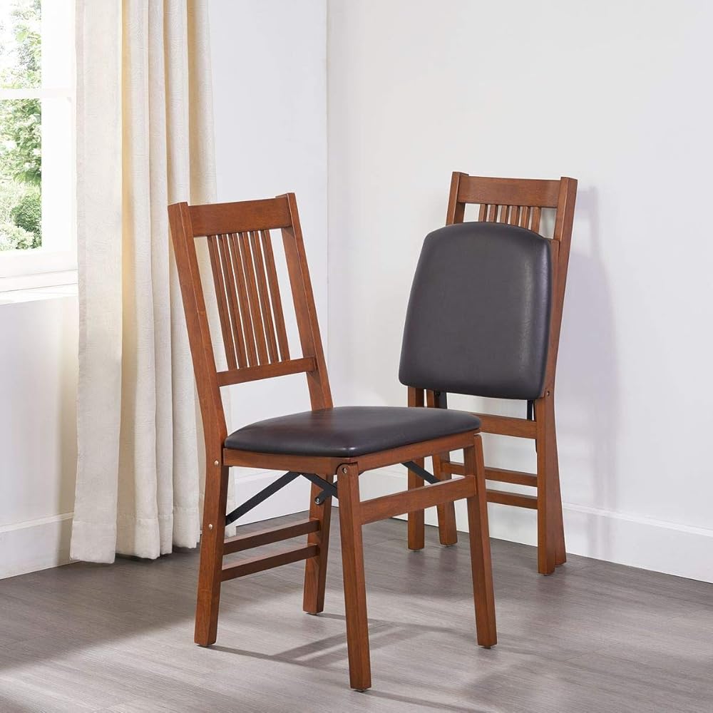 MECO Stakmore True Mission Wooden Folding Chairs with Padded Seats, Set of 2 - No Assembly Foldable Dining Chairs, Steel Folding Mechanism, Upholstered Cushion, Space-Saving, Fruitwood Frame : Home & Kitchen