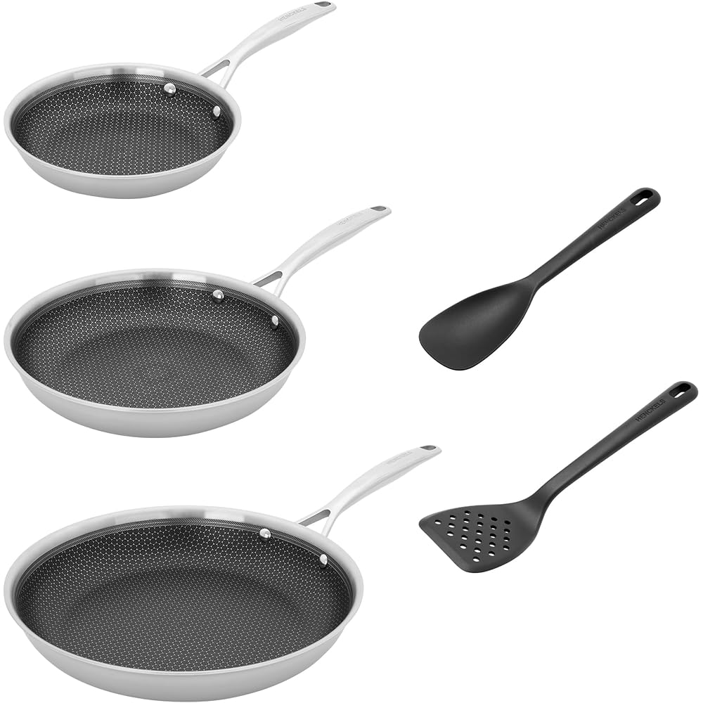HENCKELS Paradigm 5-pc Cookware Set, Nonstick Frying Pan and Silicone Utensil Set, 3-Ply Stainless Steel Skillets for Induction Cooktop, Gas & Electric Stovetops – Dishwasher Safe & Oven Safe: Home & Kitchen