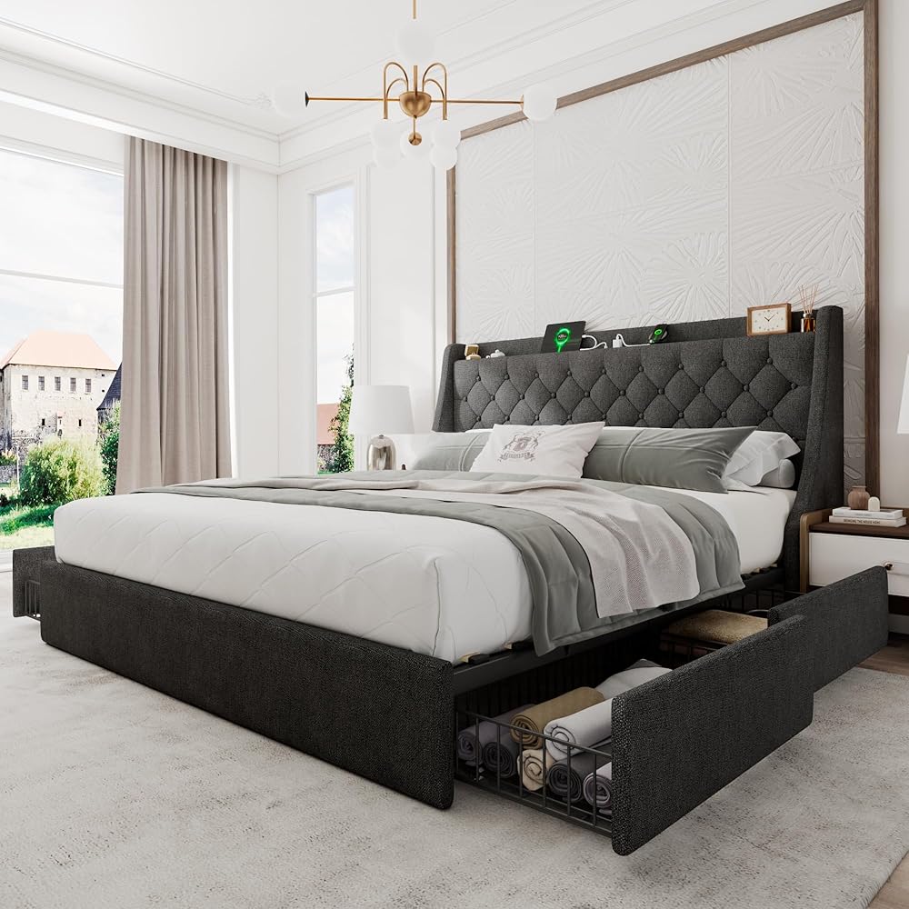 Einhomn Upholstered King Size Bed Frame with 4 Storage Drawers, Platform Bed Frame with Wingback Headboard, Charging Station, No Box Spring Needed, Dark Grey : Home & Kitchen