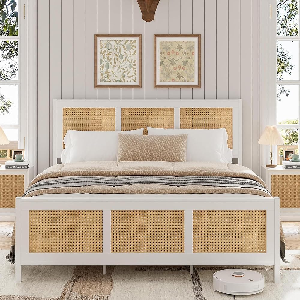 GarveeHome Full Size Rattan Bed Frame with Headboard, White Boho Cane Platform Bed Frame with Strong Metal Slat, Noise Free, No Box Spring Needed : Home & Kitchen