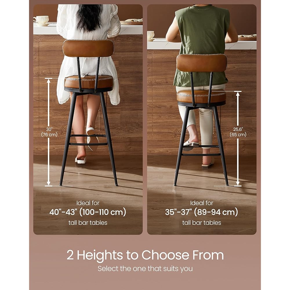 VASAGLE EKHO Collection - Bar Stools Set of 2, Swivel Bar Height Bar Stools with Back, Synthetic Leather with Stitching, Mid-Century Modern, 30-Inch Tall Barstools for Kitchen Home Bar, Caramel Brown : Home & Kitchen