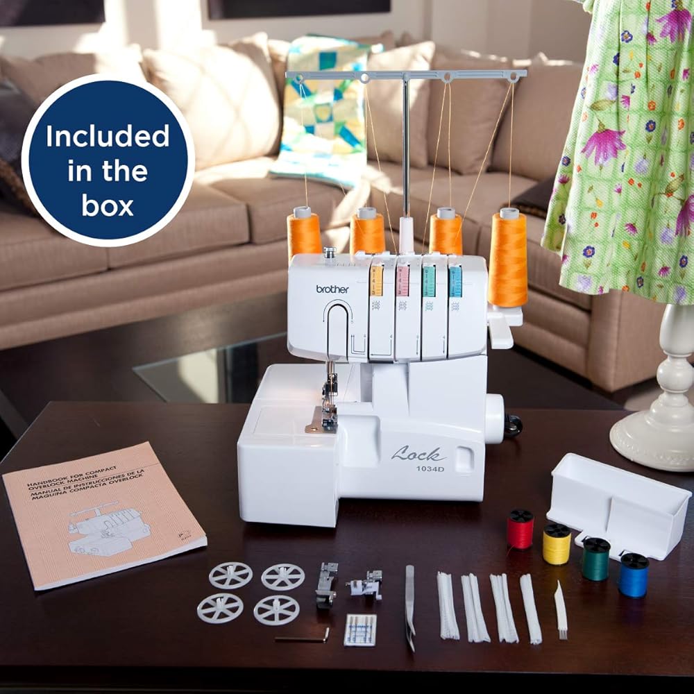 Brother Serger, 1034D, Heavy-Duty Metal Frame Overlock Machine, 1,300 Stitches Per Minute, Removeable Trim Trap, 3 Included Accessory Feet, White