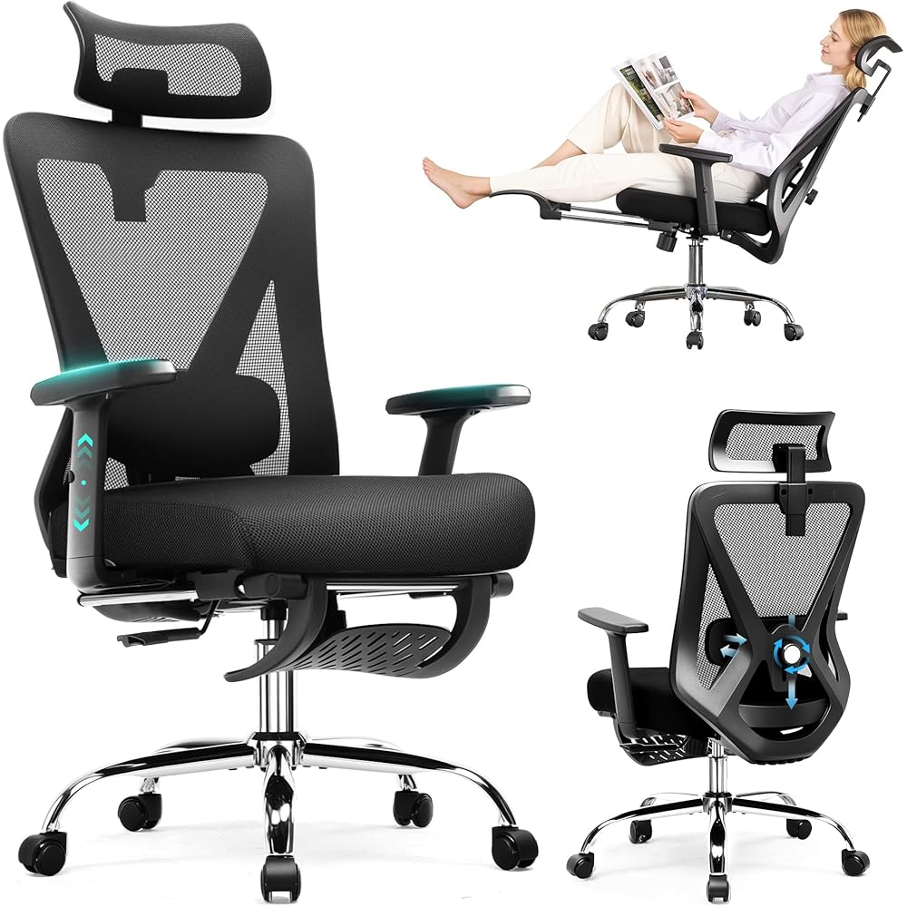 COMHOMA Ergonomic Office Chair Big and Tall Gaming Chair with Footrest, 3D Adaptive Lumbar Support & Headrest, High Back Rolling Computer Chair with Wide Seat, Breathable Mesh, ErgoFlex-F26, Black : Home & Kitchen