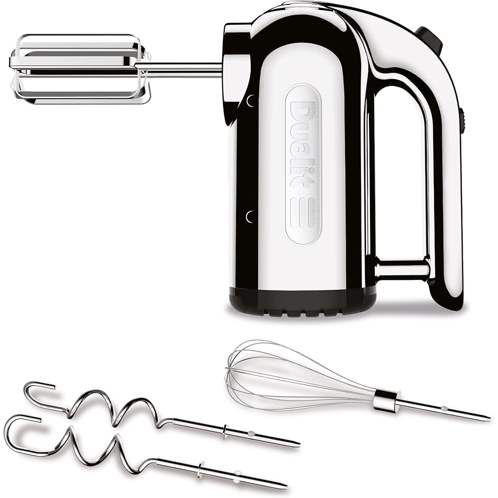 Dualit Hand Mixer - 300W- Strong Grip Handle - Attachments Included - Integral Plug Storage - 4 Speed Settings - Repairable gears - Flat Beaters, Dough Hooks, Balloon Whisk: Home & Kitchen