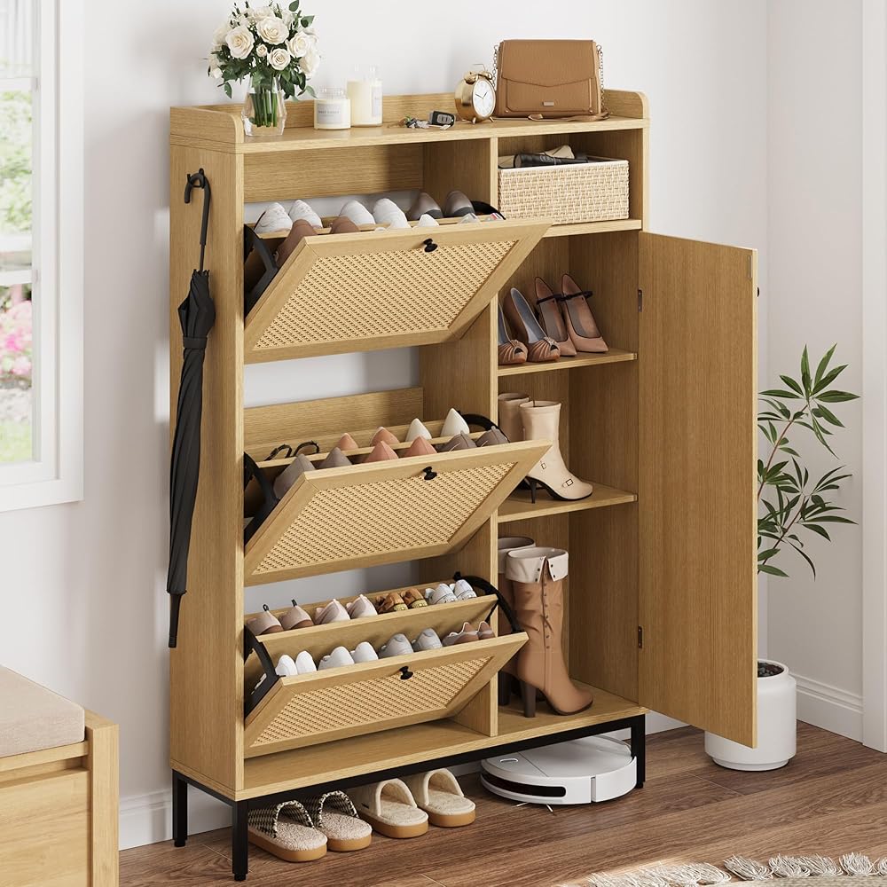 GarveeHome Shoe Cabinet Rattan with 3 Flip Drawers and 4-Tier Shoe Storage Cabinet, Freestanding Shoe Organizer with Adjustable Shelves for Entryway, Closet, Hallway (Oak) : Home & Kitchen
