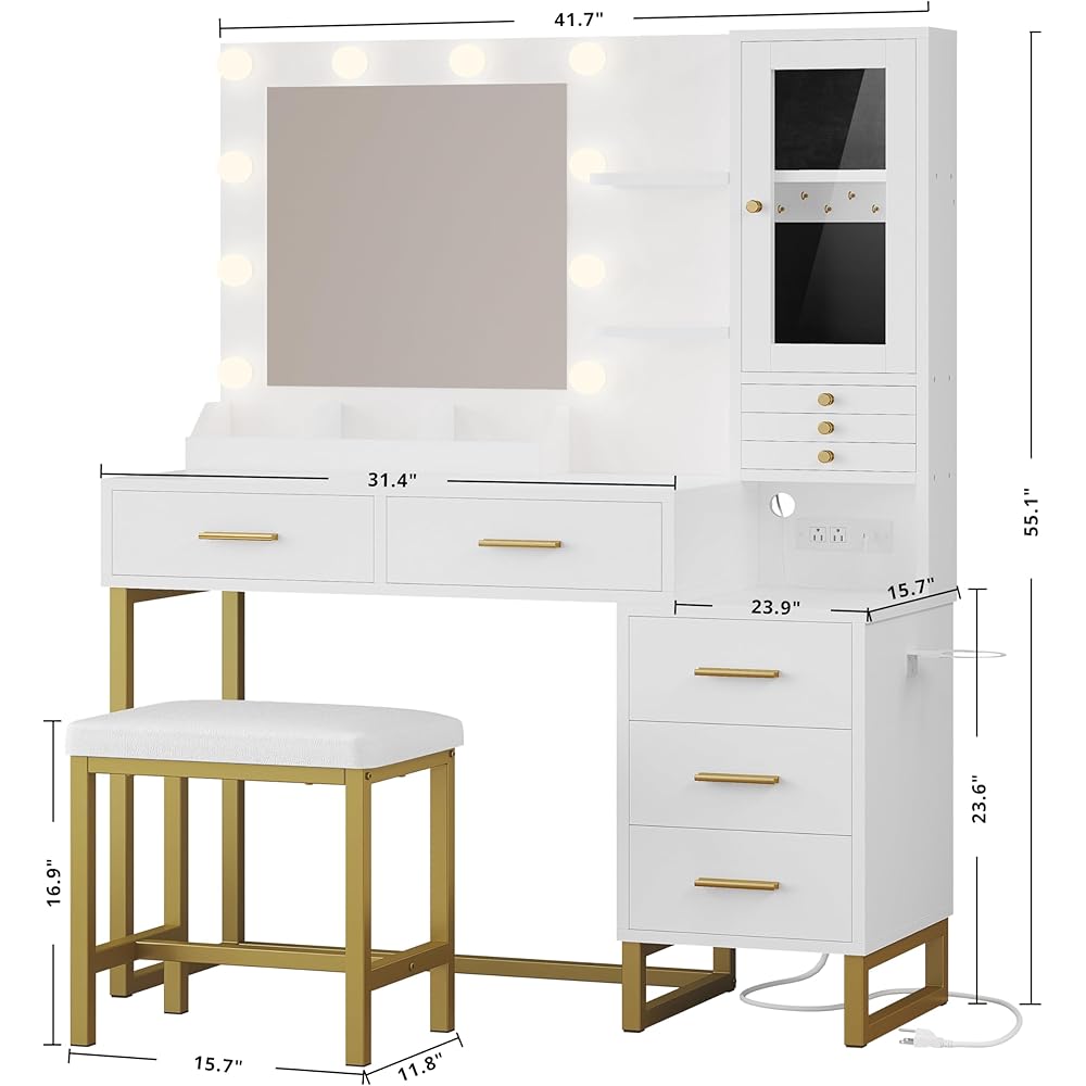 IRONCK Vanity Desk with Mirror and Lights, Makeup Vanity Table with 5 Drawers & Shelves, Power Outlet, Vanity Stool, Dressing Table with Jewelry Storage for Bedroom, White & Gold : Home & Kitchen
