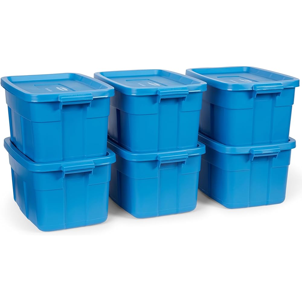 - Rubbermaid Roughneck Tote 14 Gal, 6 Pack, Made in USA, Heritage Blue, Rugged Plastic Stackable Storage Bins with Lids and Handles