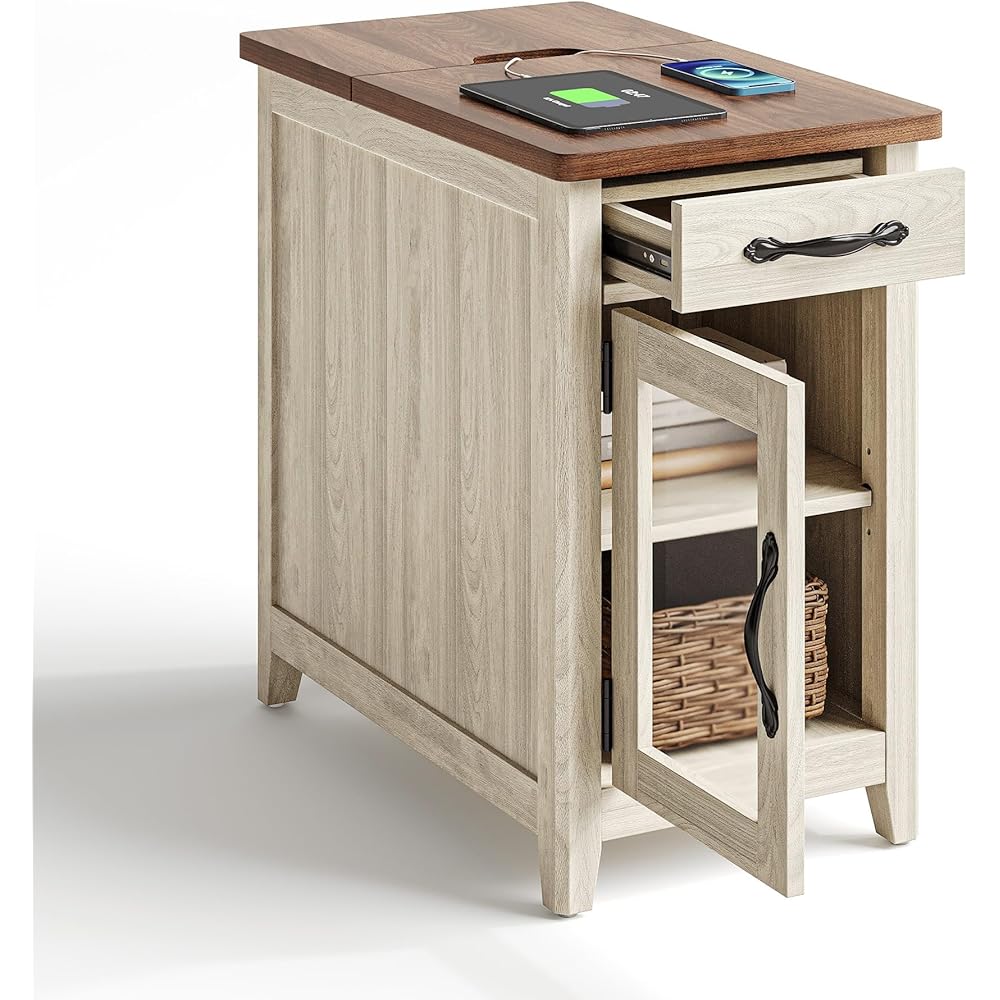 LINSY HOME Farmhouse End Table with Charging Station, Narrow Side Table for Living Room, Sofa Side Table with Drawer and Storage Cabinet, Small Nightstand for Home Office : Home & Kitchen
