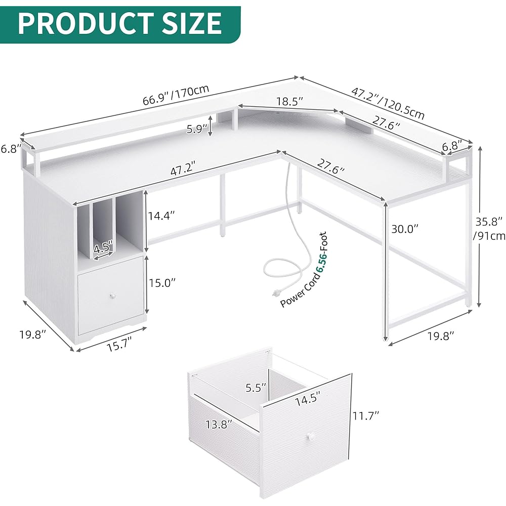DWVO L Shaped Desk with Drawer & 3 Cubbies Storage Shelves, 67