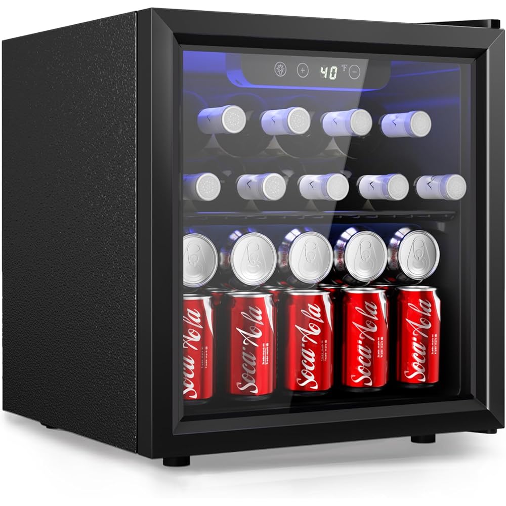 EUHOMY 48 Can Beverage Refrigerator cooler-Mini Fridge Glass Door for Beer Drinks Wines, Countertop Beverage Fridge with Adjustable Shelves Blue LED for Home/Office/Dorm/Bar, 1.3 cu.ft : Appliances