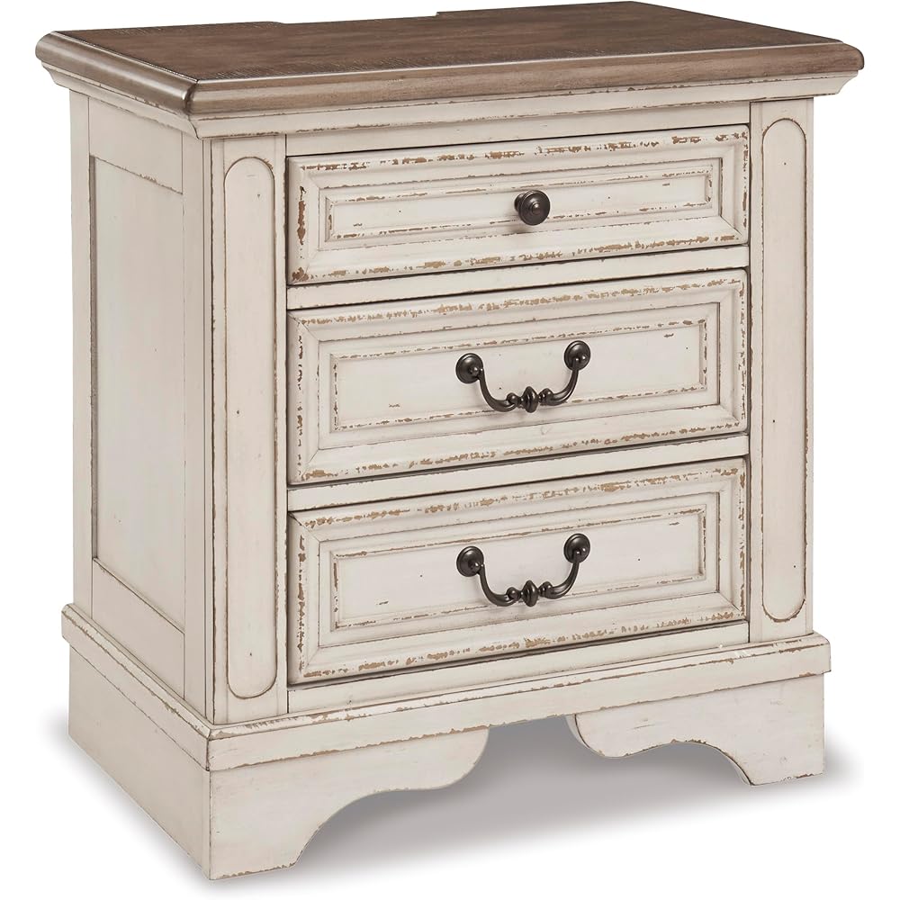 Signature Design by Ashley Realyn French Country 3 Drawer Nightstand with Electrical Outlets & USB Ports, 27.75
