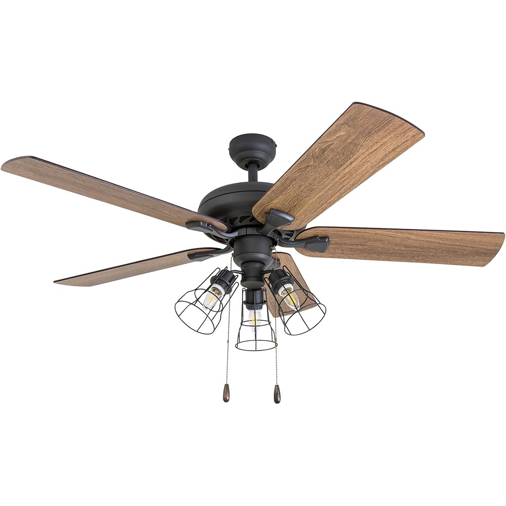 Prominence Home Lincoln Woods, 52 Inch Industrial Style LED Ceiling Fan with Light, Pull Chain, Three Mounting Options, 5 Dual Finish Blades, Reversible Motor - 50581-01 (Bronze) -