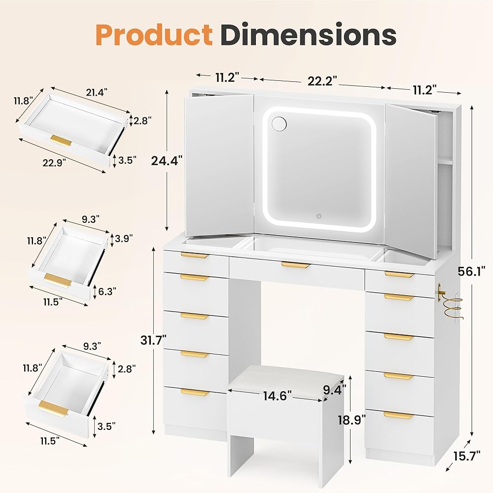 Pamapic 11 Drawers Vanity Desk with Foldable Mirror, Glass Top Makeup Vanity with LED Lights, 3 Lighting Modes, Golden Handles Dressing Table with Chair and Power Outlet : Home & Kitchen