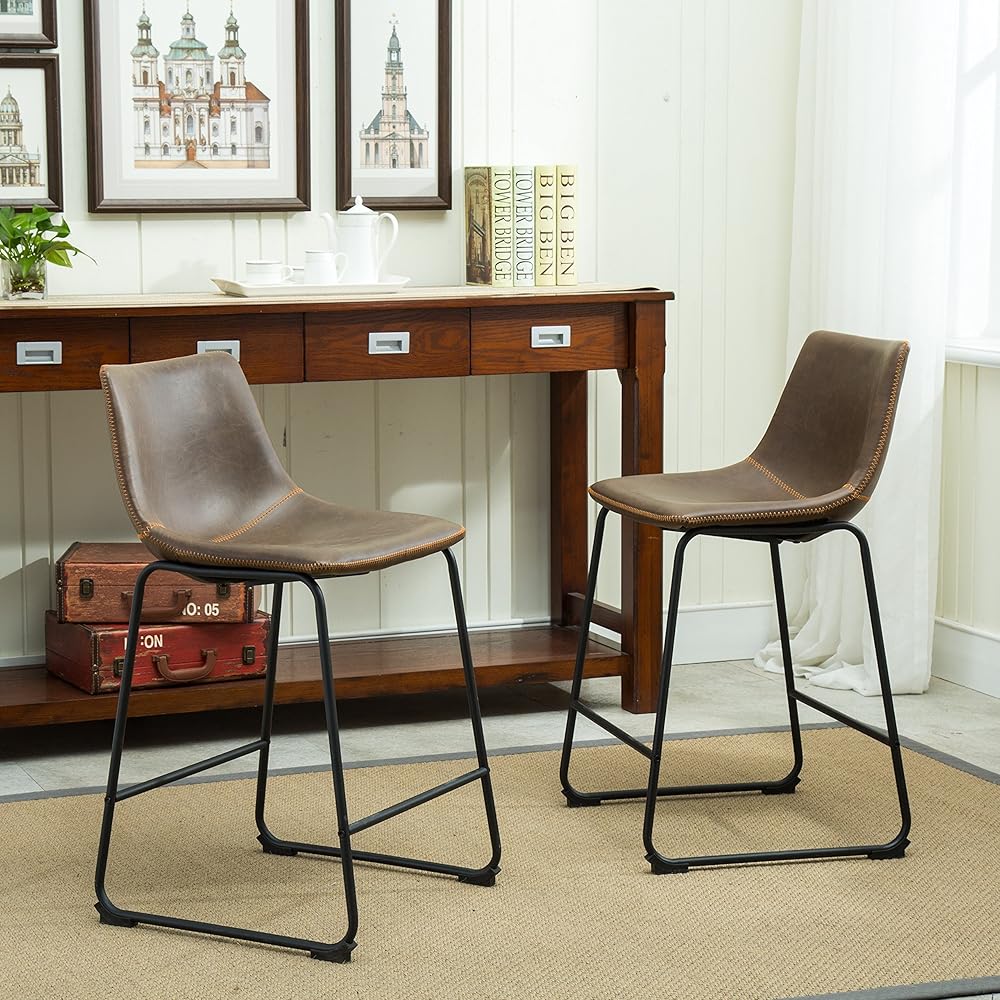 Roundhill Furniture Lotusville Vintage PU Leather Counter Height Stools, Antique Brown, Set of 2 : Home & Kitchen