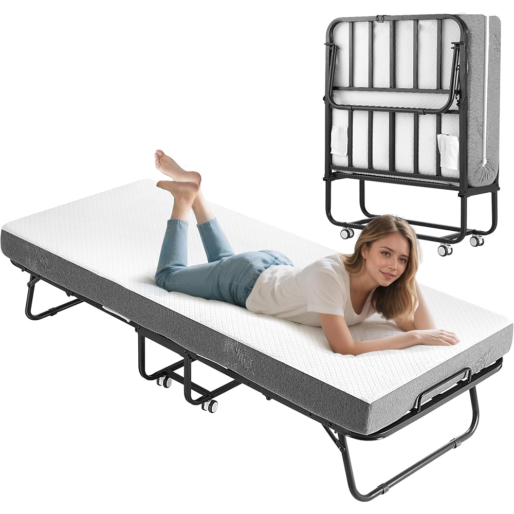 Decofy Folding Bed with Memory Foam Mattress, Portable Rollaway Guest Beds on Wheels, 75