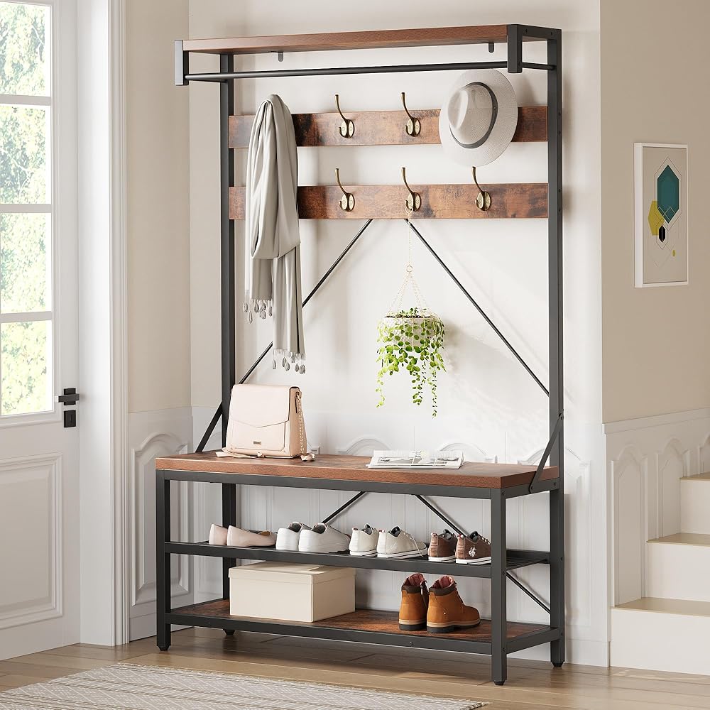 IDEALHOUSE Coat Rack Shoe Bench Industrial Hall Tree Storage Bench for Entryway, Wood Look Accent Large Shoe Rack with Storage Shelf Hanging Bar,8 Hooks Rustic Brown 39.9
