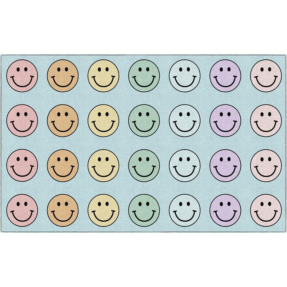 Flagship Carpets Schoolgirl Style Pastel Rainbow Smileys Criss-Cross Applesauce Educational Area Rug for Kids Room, Children's Classroom for Teaching and Playroom, 7'6