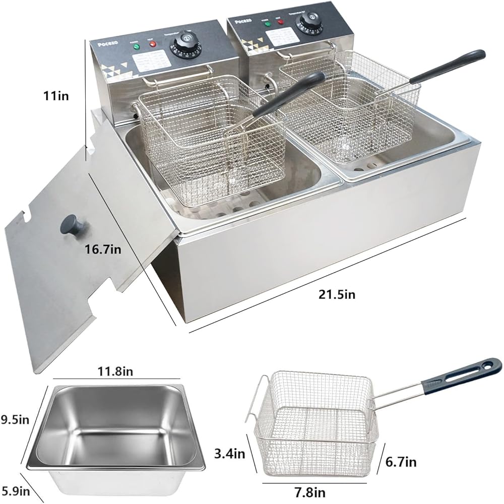Electric Deep Fryer 17.2L/18.2QT Stainless Steel Dual Tank Commercial Fryer with Basket, 3400W 110V Countertop Deep Fryer for Home Kitchen and Restaurant Use with Oil Thermometer & Temperature Control: Home & Kitchen