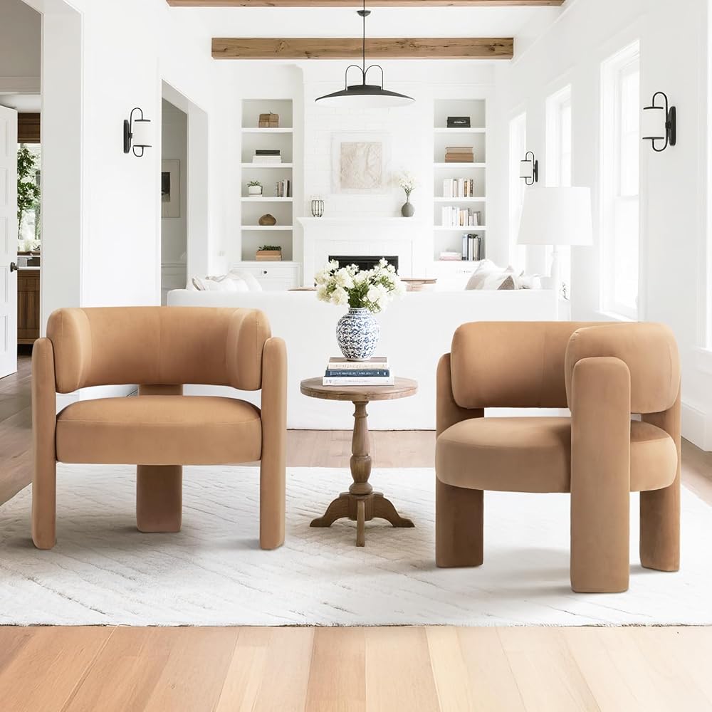 COLAMY Modern Velvet Accent Chairs Set of 2, Upholstered Barrel Chairs, Comfy Side Arm Chairs with 3 Legs for Living Room, Bedroom, Reading, Khaki : Home & Kitchen