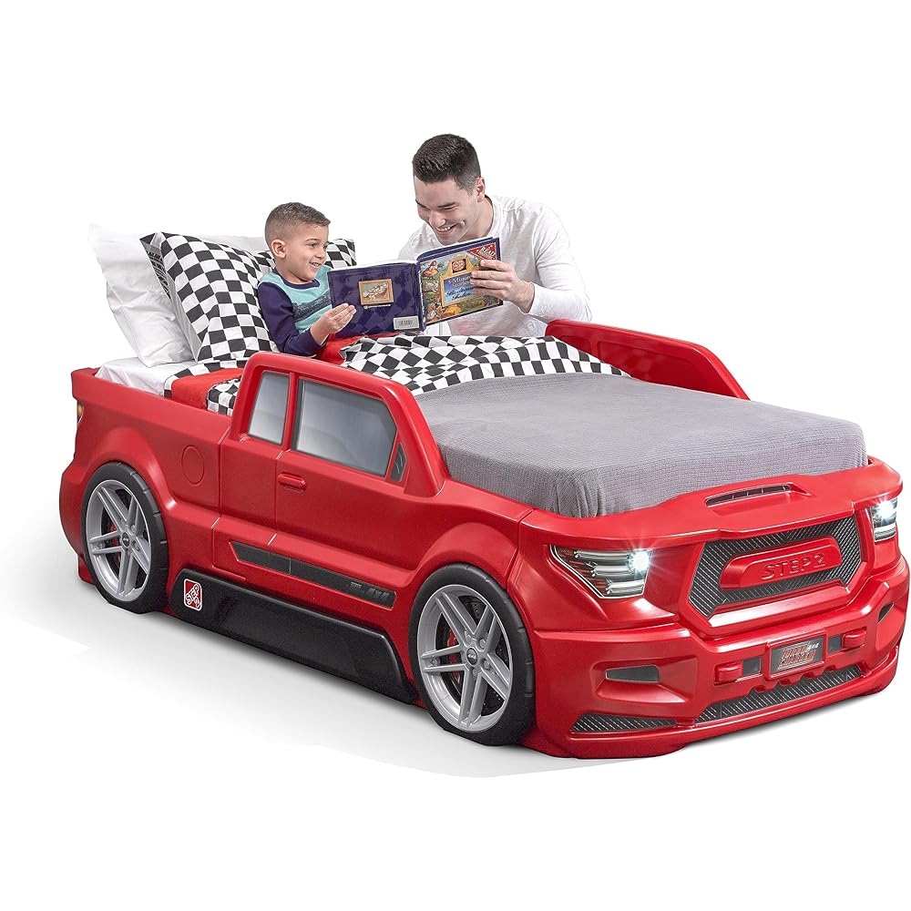 Step2 Turbocharged Twin Size Truck Car Bed, Car Bed for Boys & Girls, Working Headlights & Built-In Storage, Made of Durable Plastic, For Toddlers 3+ Years Old, Vibrant Red : Baby