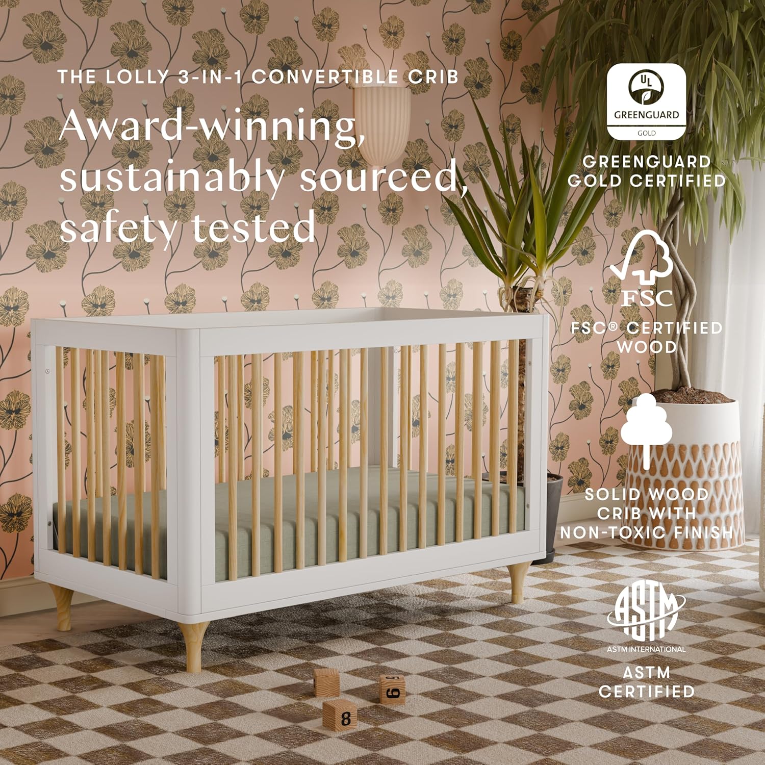 Babyletto Lolly 3-in-1 Convertible Crib with Toddler Bed Conversion Kit in White and Natural, Greenguard Gold Certified : Baby