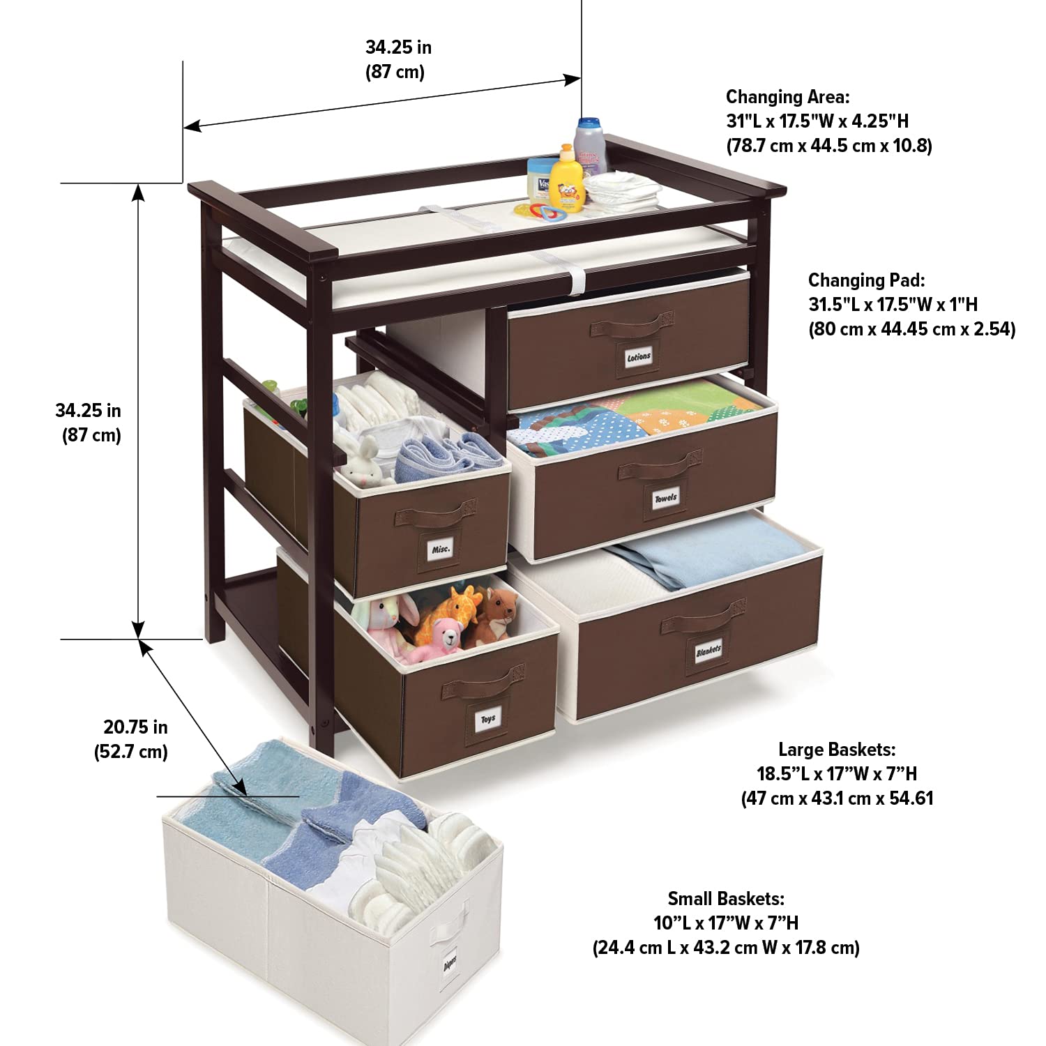 : Badger Basket Modern Baby Changing Table with 6 Storage Drawers and Pad, Diaper Change Station - Espresso : Baby