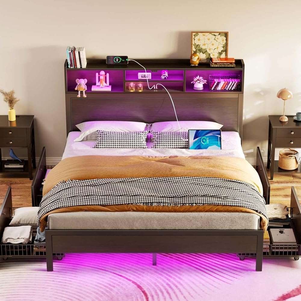 Rolanstar Queen Bed Frame with Storage,4-Drawer Platform Bed with USB Charging Station,Built in LED Lights and Bookcase Headboard,No Box Spring Needed,Easy Assembly,Noise-Free,Black : Home & Kitchen
