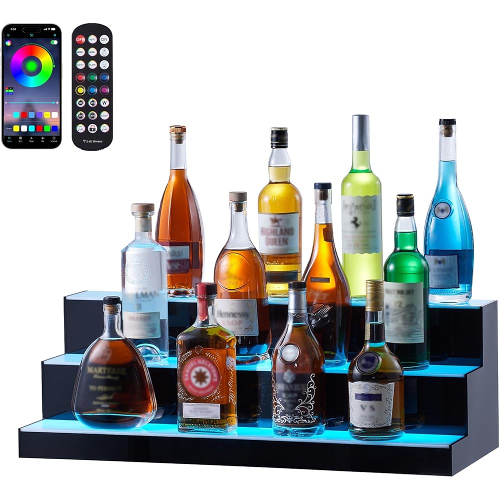 VEVOR LED Lighted Liquor Bottle Display, 3 Tiers 30 Inches, Supports USB, Illuminated Home Bar Shelf with RF Remote & App Control 7 Static Colors 1-4 H Timing, Acrylic Lighted Shelf for 24 Bottles : Industrial & Scientific