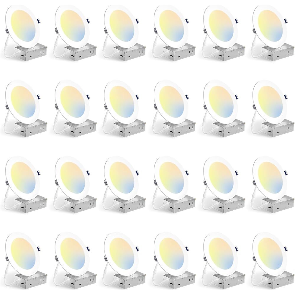 BBOUNDER 24 Pack 6 Inch 5CCT Ultra-Thin LED Recessed Ceiling Light with Junction Box, 2700K/3000K/3500K/4000K/5000K Selectable, 12W Eqv 110W, Dimmable Canless Wafer Downlight, 1050LM - ETL&FCC: Tools & Home Improvement