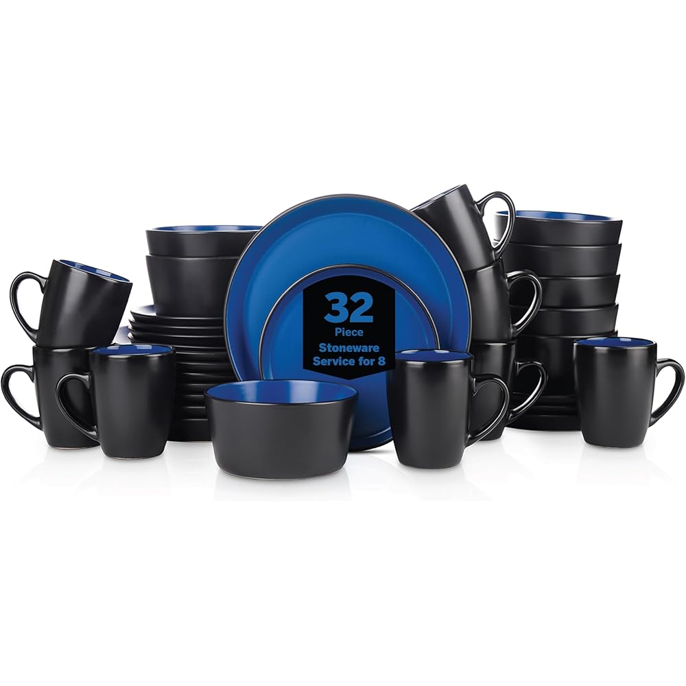 | Stone Lain Albie Stoneware 32-Piece Modern Dinnerware Set, Kitchen Plates and Bowls Sets, Dish Set for 8, Blue and Black: Dinnerware Sets