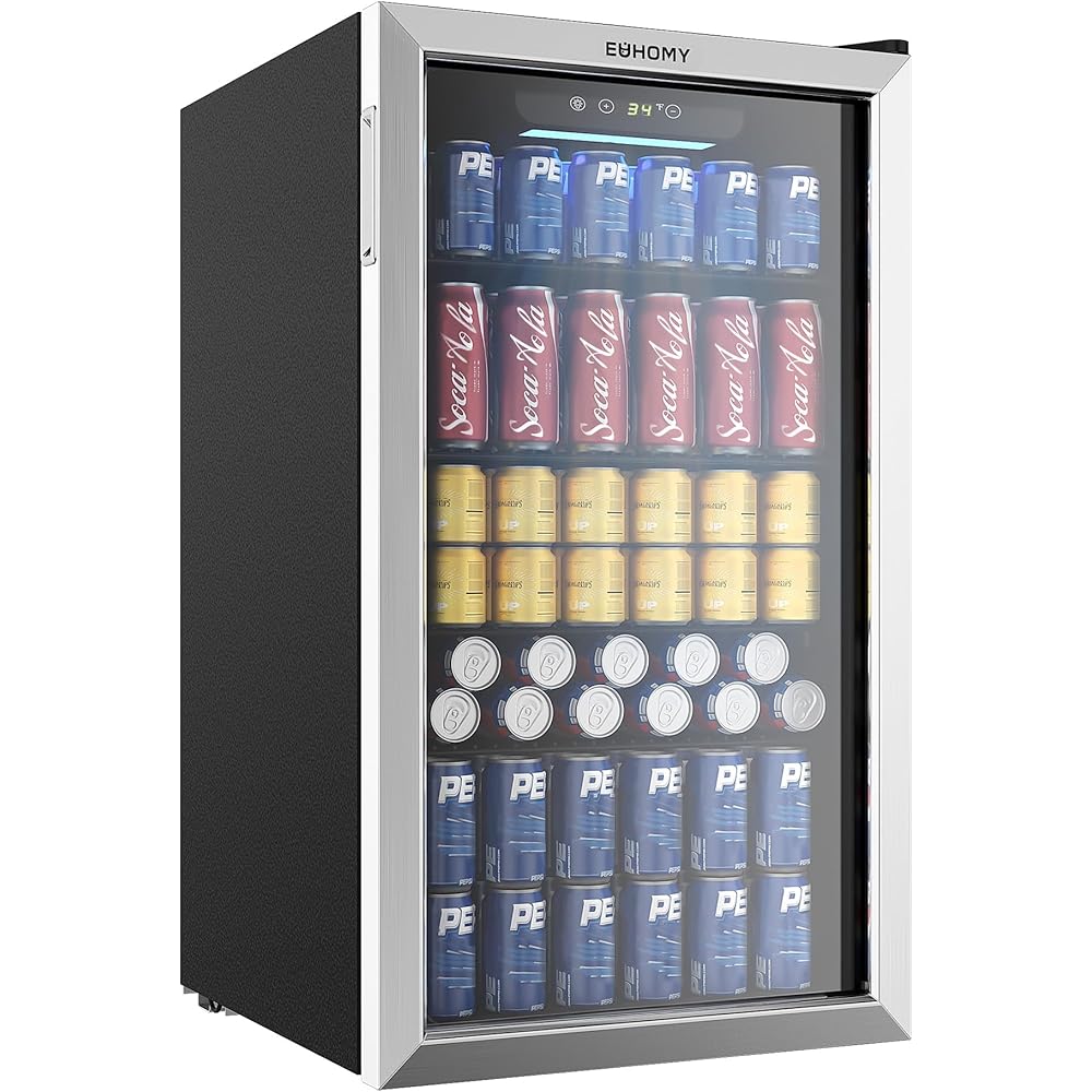 EUHOMY Beverage Refrigerator Cooler, 130 Can Mini Fridge with Glass Door for Soda Beer or Wine, Beverage Cooler for Home, Office, Bar with Adjustable Removable Shelves, Silver : Appliances
