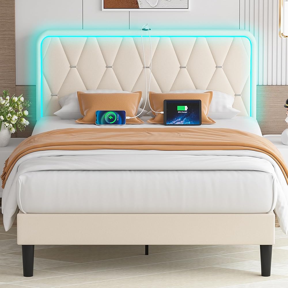 VECELO Upholstered Full Bed Frame with Headboard Adjustable, Velvet Platform Beds with LED Lights, Charging Station, Mattress Foundation with Wooden Slats, Noise Free, No Box Spring Needed, Beige : Home & Kitchen