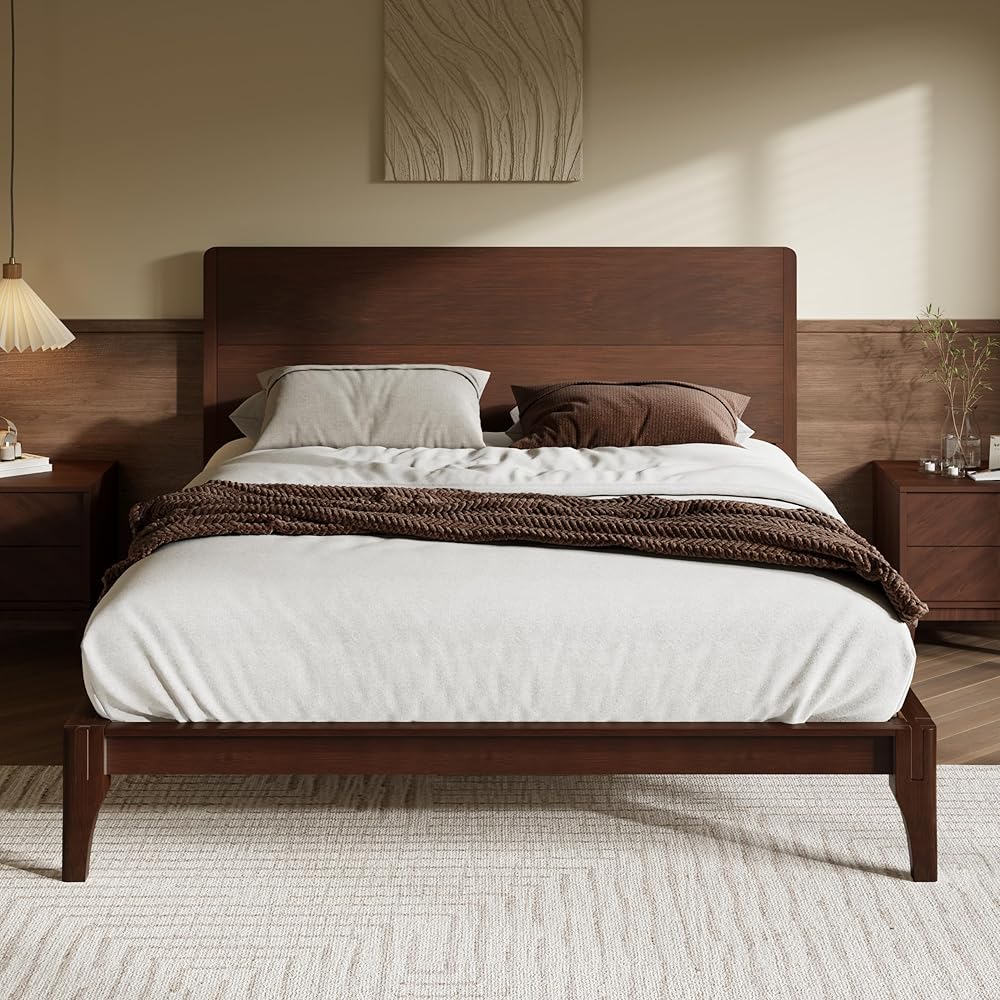 Merax Queen Size Bamboo Platform Bed, Mid-Century Modern Bed Frame with Tall Headboard, Solid Sustainable Bedframe Queen-Size, Wood Slat Support, No Box Spring Needed, Easy Assembly, Espresso : Home & Kitchen